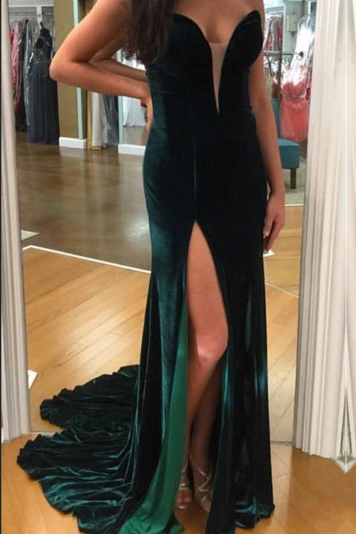 Dark Green Velvet Prom Gown Plunging V Neckline,Long Mermaid Prom Dresses