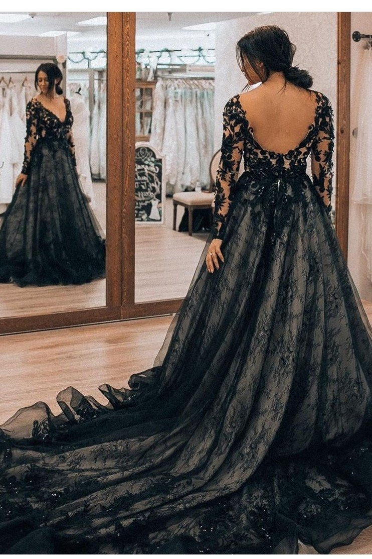 Dark Navy Lace Prom Dresses with Long Sleeves