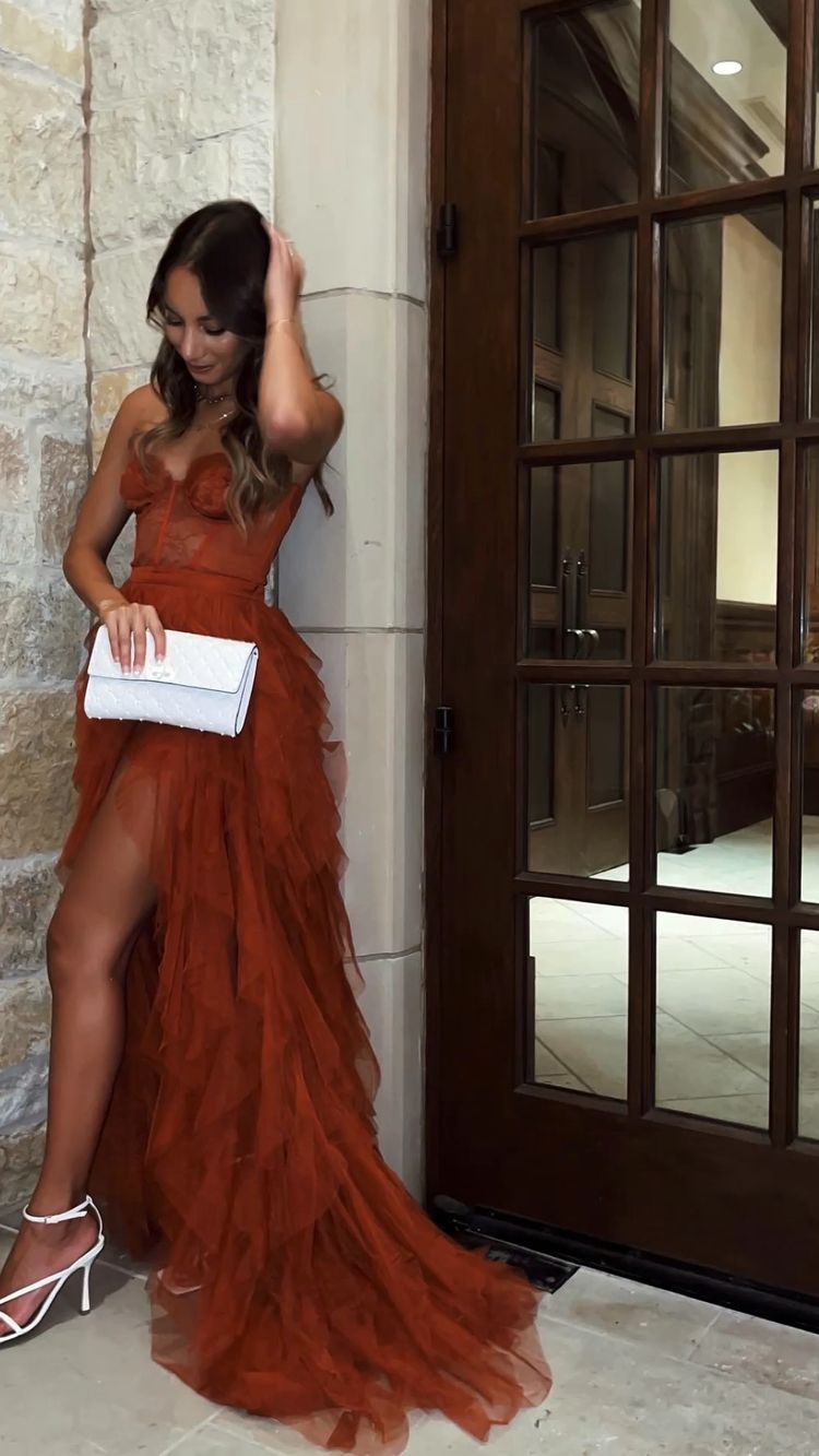 Rust Red Sweetheart High Low Tiered Formal Dress Party Gown jkprom Rust Red Sweetheart High Low Tiered Formal Dress Party Gown jkprom