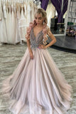 Deep V-neck Dots Tulle Prom Dress with Beaded Sash
