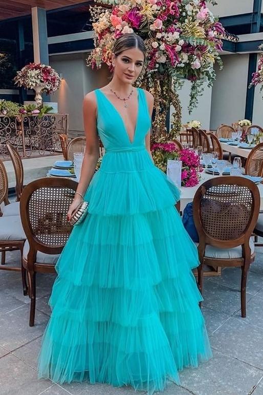 Deep V-neckline Tulle Prom Dress Tiered Skirt Long Party Gowns