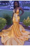Deep V-neckline Yellow Prom Dresses Beads Bodice,Sexy Party Gown