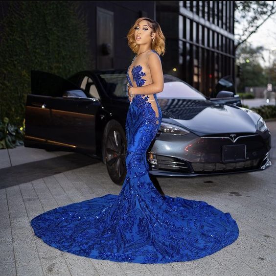 Sparkly Royal Blue Mermaid Long Prom Dress With Train Sexy Evening Dresses
