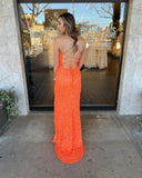 Sparkly Sheath Scoop Neck Straps Orange Sequins Prom Dresses with Slit