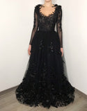 Black Floral Gothic Wedding Dress,Long Sleeve Formal Dress