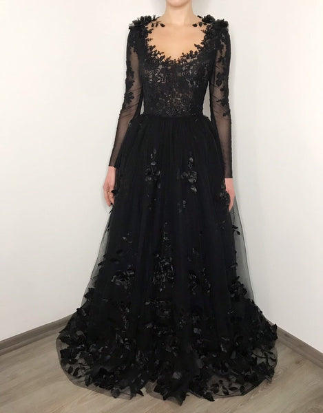 Black Floral Gothic Wedding Dress,Long Sleeve Formal Dress – jkprom