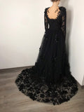 Black Floral Gothic Wedding Dress,Long Sleeve Formal Dress