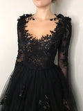 Black Floral Gothic Wedding Dress,Long Sleeve Formal Dress