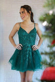 Green Tulle Homecoming Dress, Spaghetti Straps Appliqued Party Gown,Semi Formal Dresses