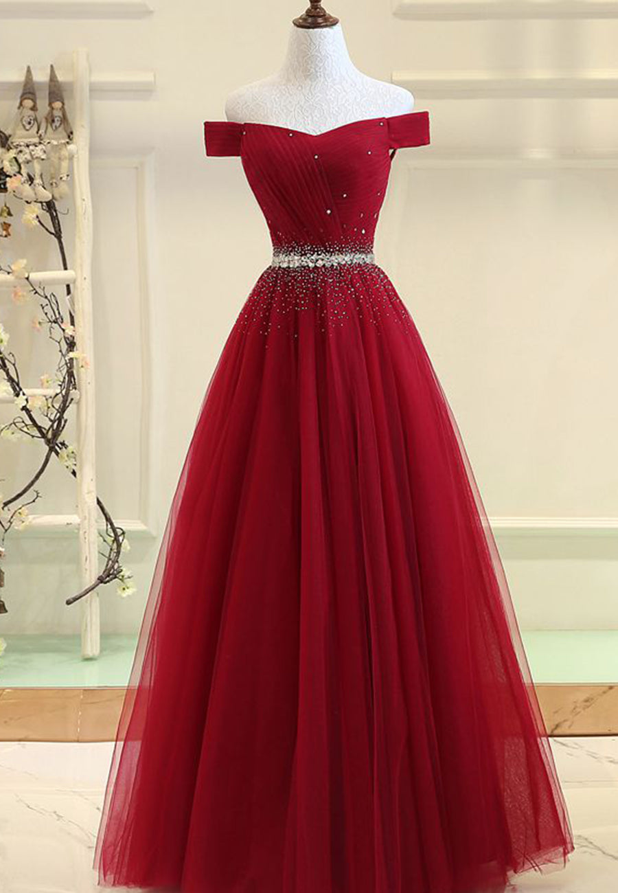 Red Tulle Long A Line Prom Dresses Long Elegant Formal Evening Gown