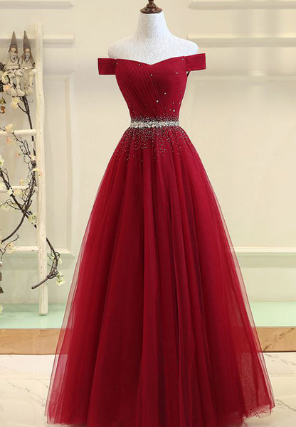 Red Tulle Long A Line Prom Dresses Long Elegant Formal Evening Gown