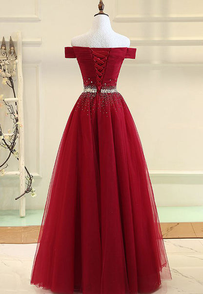 Red Tulle Long A Line Prom Dresses Long Elegant Formal Evening Gown