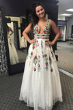 Princess V Neck Floral Embroidery Long Prom Dress with Pocket, Long Lace Prom Dresses