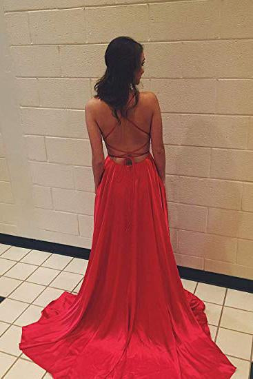 Simple Red Spaghetti Strap Formal Dress with Pockets, Sexy Long Prom Dress