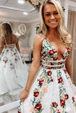 Princess V Neck Floral Embroidery Long Prom Dress with Pocket, Long Lace Prom Dresses