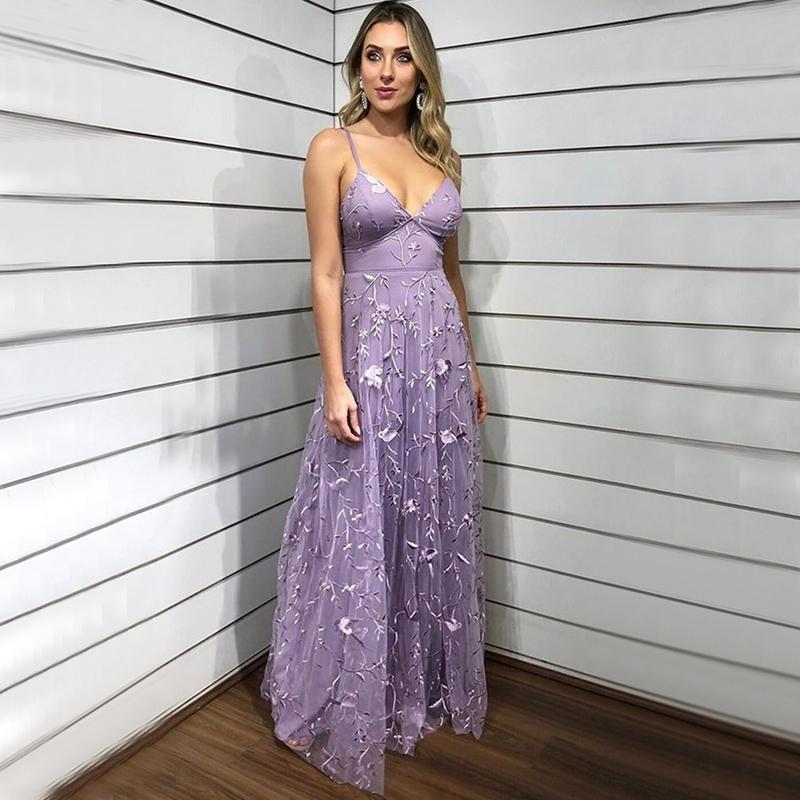 Dusty Violet Spaghetti Straps V-neck A-line Long Floral Prom Dress