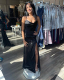 Black Mermaid Prom Dress Long,Spaghetti Strap V Neck Satin Birthday Gala Dress