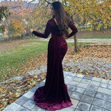 Elegant Burgundy Velvet V-neck Long Sleeves Side-slit Mermaid Long Train Prom Dress