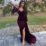 Elegant Burgundy Velvet V-neck Long Sleeves Side-slit Mermaid Long Train Prom Dress