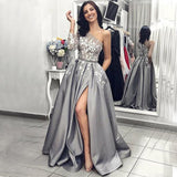 Elegant Grey One-shoulder Floral Top Side-slit A-line Long Prom Dress