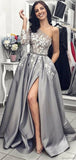 Elegant Grey One-shoulder Floral Top Side-slit A-line Long Prom Dress