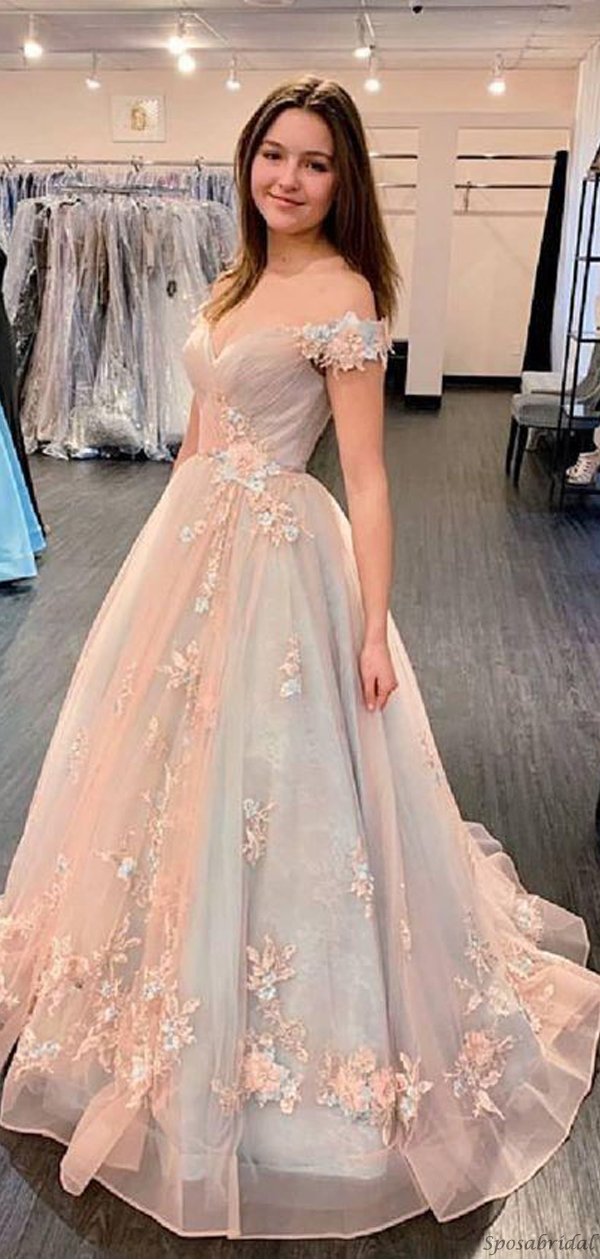Elegant Pink Blue Off-shoulder Floral A-line Long Prom Dress
