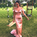 Elegant Sexy Shiny Pink Spaghetti Strap V-neck Mermaid Long Prom Dress With Trail
