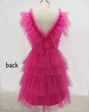 A Line Pink V Neck Tiered Homecoming Dress,Tulle Short Prom Party Dresses
