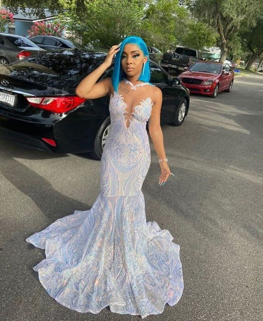 Iridescent White Sequin Prom Dress Black Girls Slay,Sparkly Evening Gown