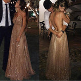 Spaghetti Strap Backless Sequins Prom Dress, Sexy Sparkly V Neck Party Dresses