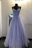 Lavender Straps Sleeveless Sparkly Floor Length Prom Dress, A Line Cheap Evening Dress