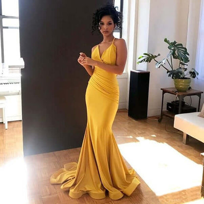 2022 Yellow Prom Dress V-Neck Sexy Mermaid Evening Gown,Maxi Dresses