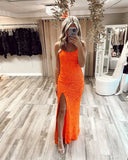 Sparkly Sheath Scoop Neck Straps Orange Sequins Prom Dresses with Slit