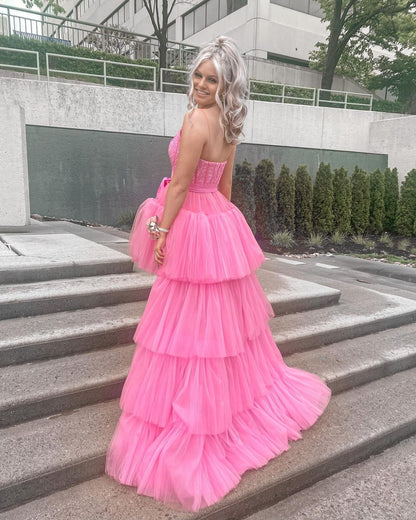 High Low Hot Pink Tiered Prom Dress with Spaghetti Straps,Elegant Graduation Dresses