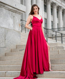 Sexy V neck Split Backless Red Prom Dresses with pockets,Formal Party Dress,Evening Gowns