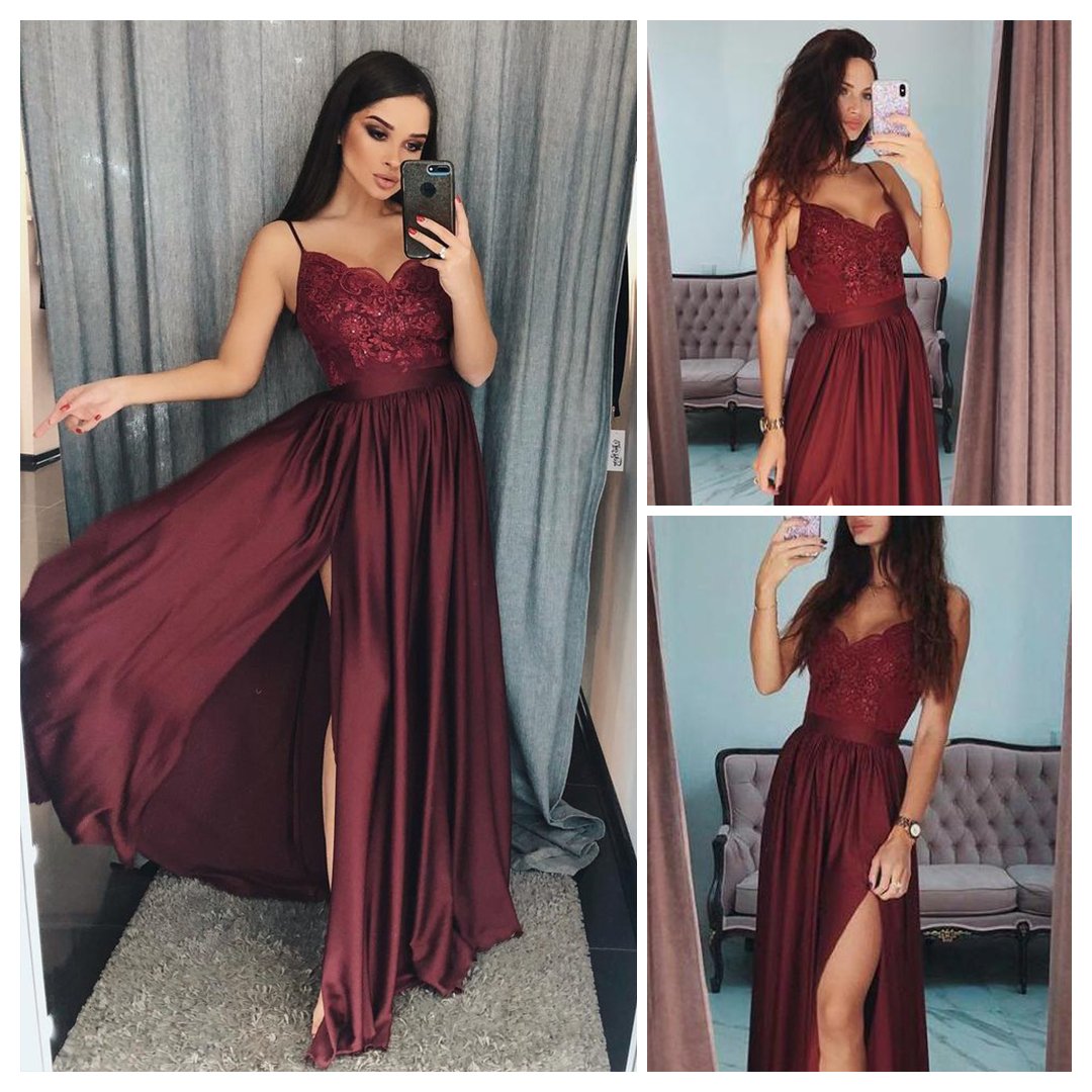 Sexy Burgundy Spaghetti Straps Lace Side-slit A-line Cheap Long Prom Dresses