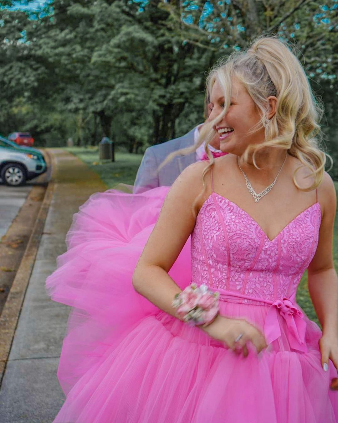 High Low Hot Pink Tiered Prom Dress with Spaghetti Straps,Elegant Graduation Dresses