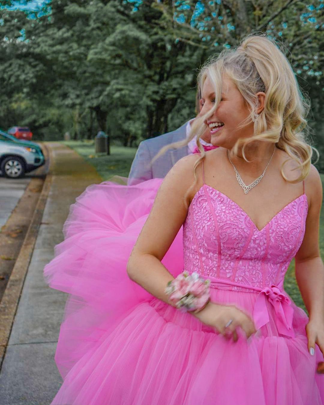 High Low Hot Pink Tiered Prom Dress with Spaghetti Straps,Elegant Graduation Dresses
