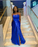 Royal Blue Prom Dress Satin,Backless Evening Dress with Slits