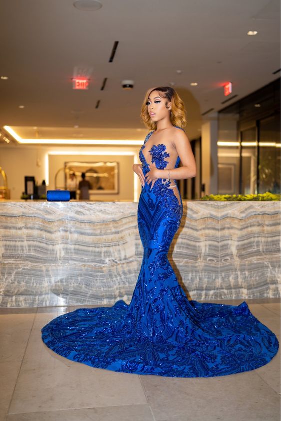 Sparkly Royal Blue Mermaid Long Prom Dress With Train Sexy Evening Dresses