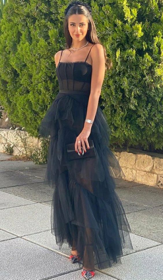 Spaghetti Strap Mesh Corset Gown Ankle Length Prom Dress Tiered Black Evening Dresses