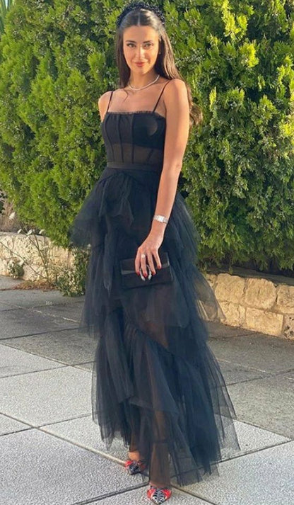knee length dresses for ladies Black Corset Tulle Dress: Midnight Allure Mesh Fabric & Chain Strap –  Little Secret Of Mine main image 0