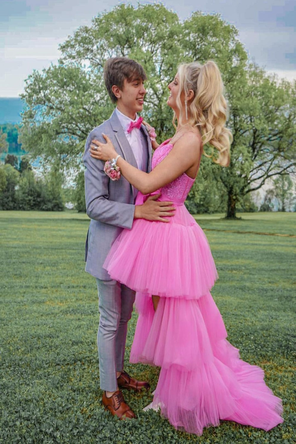 High Low Hot Pink Tiered Prom Dress with Spaghetti Straps,Elegant Graduation Dresses