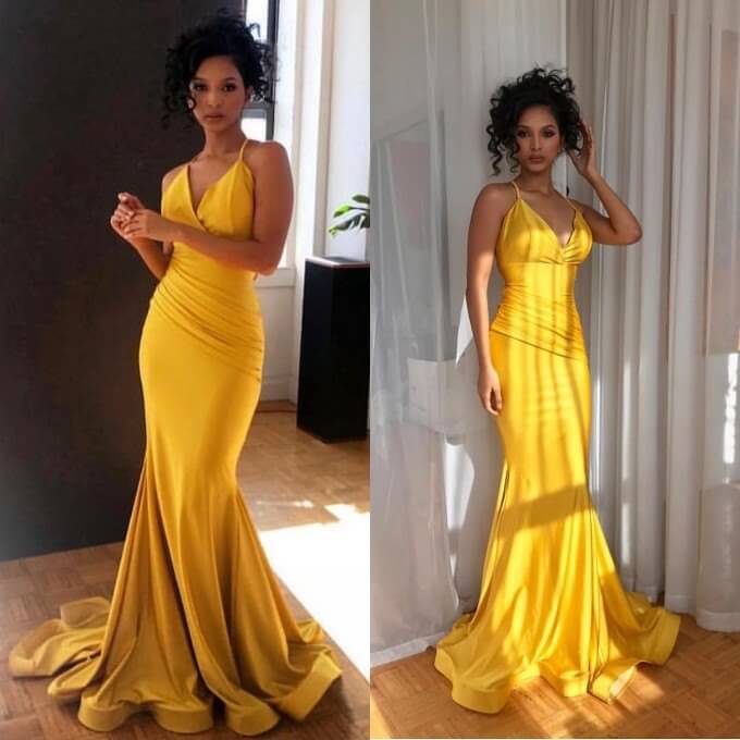 2022 Yellow Prom Dress V-Neck Sexy Mermaid Evening Gown,Maxi Dresses
