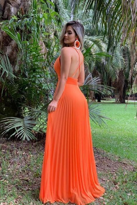 Floor Length Orange Chiffon Prom Dresses Pleated Skirt,Sexy Backless Formal Dress