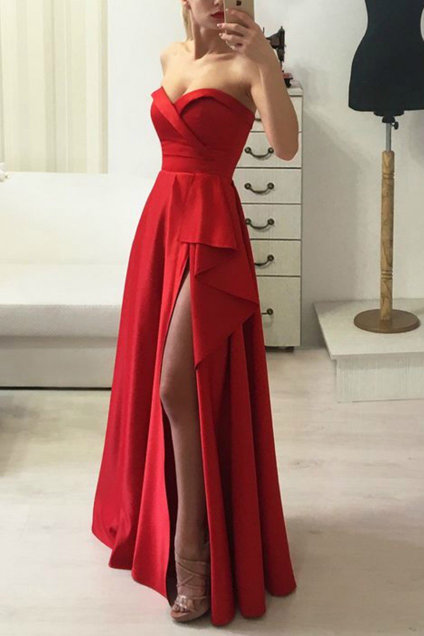 Floor-Length Red Satin Prom Dress with Ruffled Slit Side,evening Gown