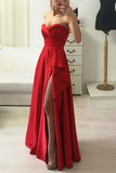 Floor-Length Red Satin Prom Dress with Ruffled Slit Side,evening Gown