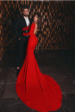 Full Sleeves Mermaid Red Evening Gown with Open Back