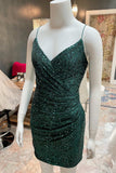 Dark-Green-Sequin-Spaghetti-Straps-Ruched-Cocktail-Dress