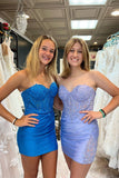 Periwinkle Strapless Sheath Satin Appliques Homecoming Dress